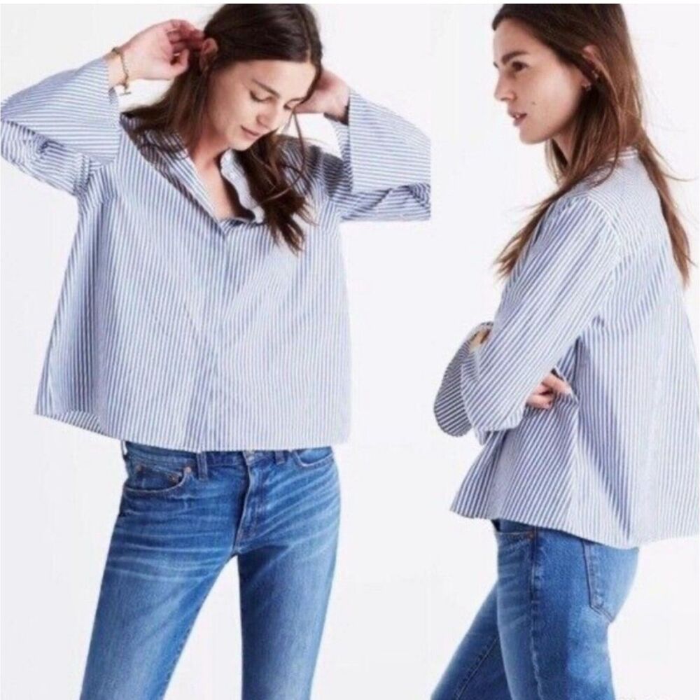 Madewell Striped Blue Bell Sleeve Button Down Blouse